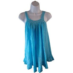 Fibra Womens Sleeveless Tunic Top L Turquoise Pleated Neck Lagenlook Fairy Boho